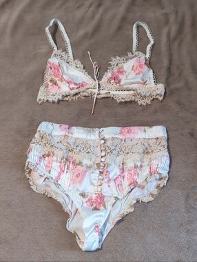 For Love & Lemons Pink Floral Satin Bralette with Cream Lace High-Waist Brief